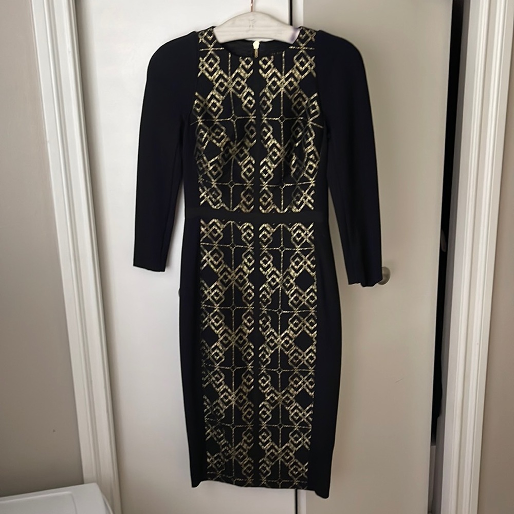 Ted Baker Black & Gold Dress (Size 0)